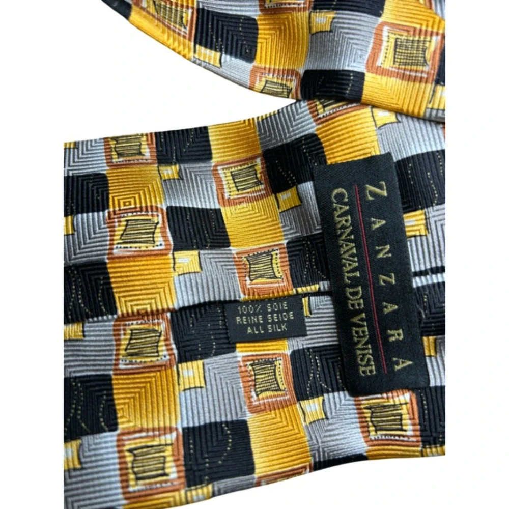 Zanzara Carnaval De Venise Silk Tie Gold Black Silver Geometric Made in Italy